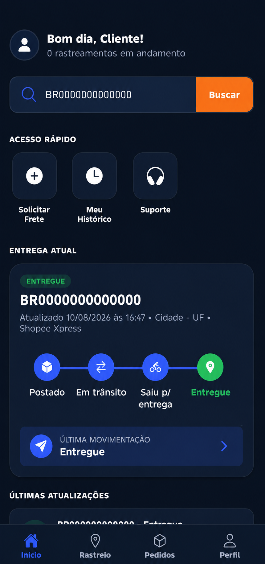 Tela do aplicativo Ottolog Express com acompanhamento de entregas no modo escuro